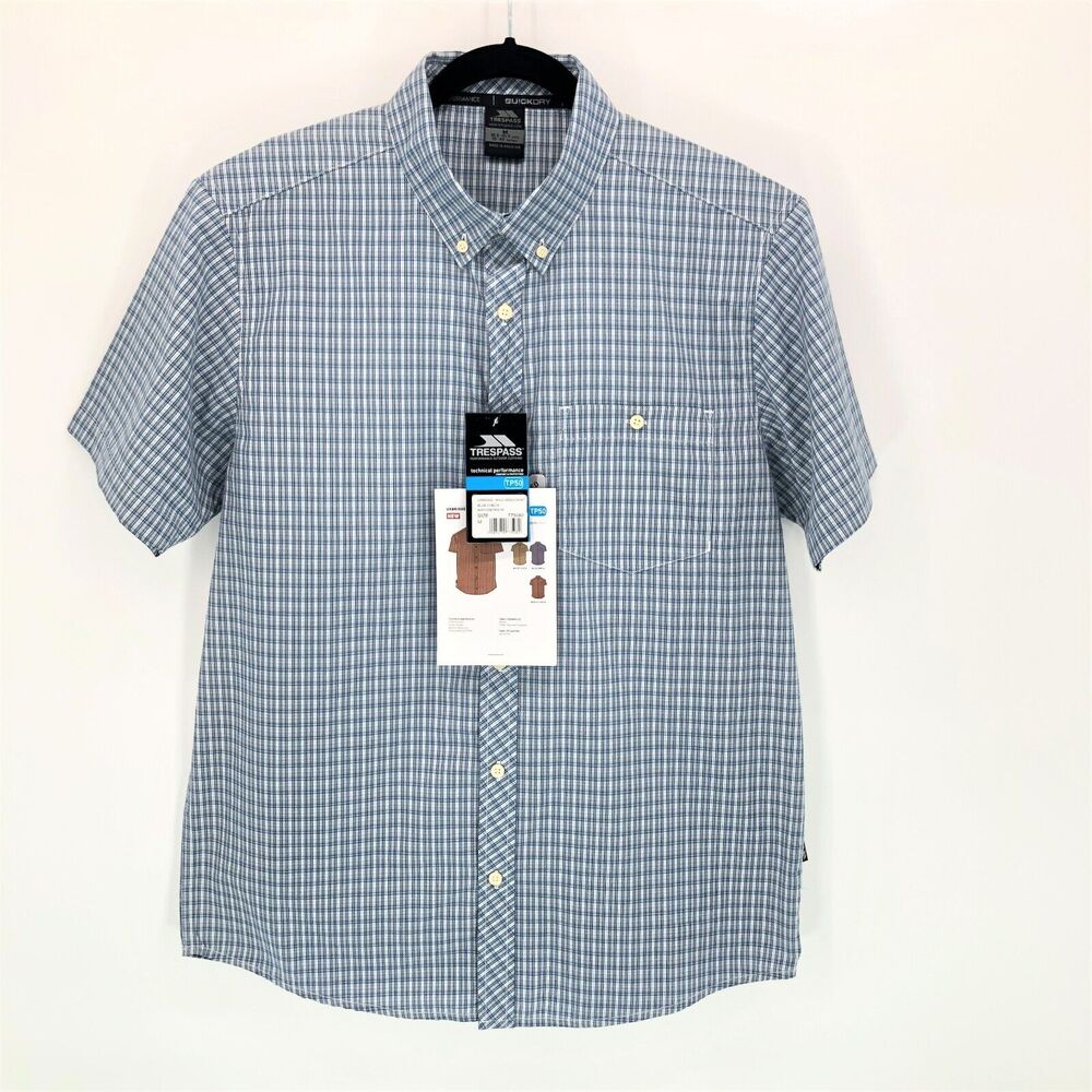 NEW Trespass Button Down Performance Shirt Mens Medium UXBridge Blue Plaid Check